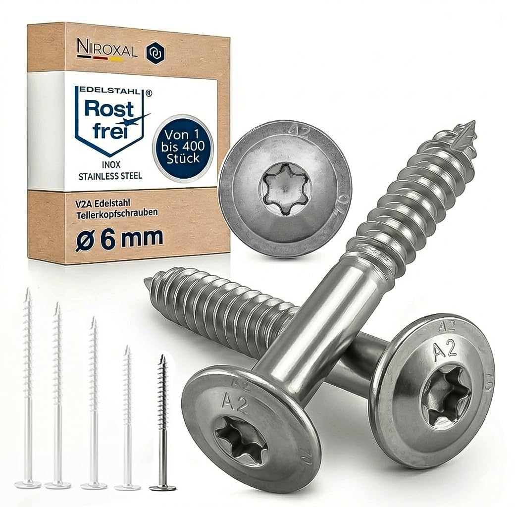Śruba z łbem talerzowym ze stali nierdzewnej A2 ETA 6 x 50 TX25 Torx śruba konstrukcyjna do drewna V2A z końcówką tnącą powłoką ślizgową do konstrukcji drewnianych, wiaty garażowej, balkonu, mostka