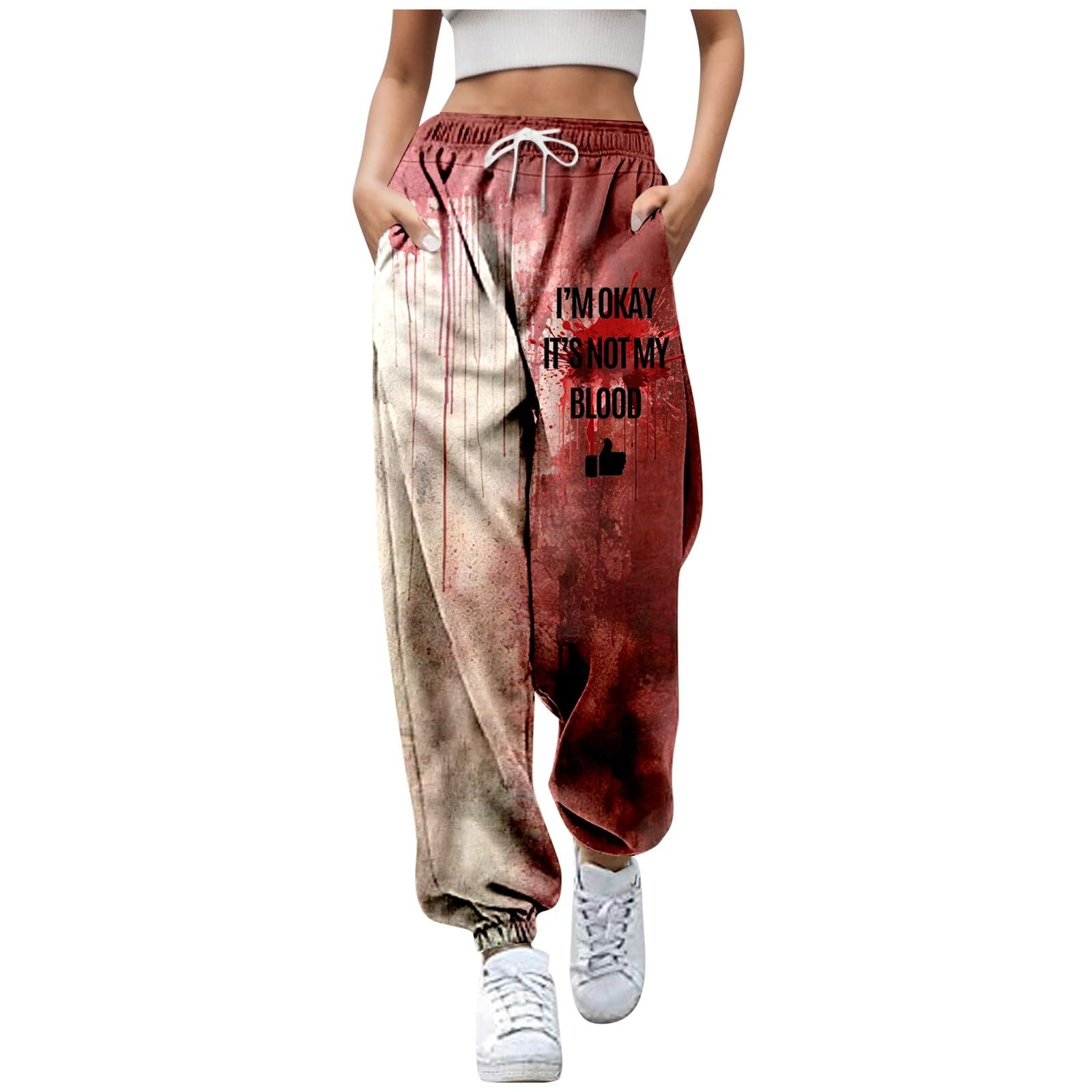 Pantalon De Jogging Halloween Femme - Motif Éclaboussures De Sang - Confortable Avec Poche Et Cordon