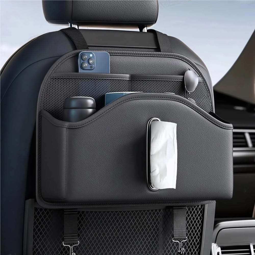 GGCLIMAX Multifunctional Car Seat Back Organizer PU Leather Storage Bag With Tissue Holder Universal Fit For Car Accessories Black/Gray/Brown/Volcanic Red Car Essentials(Gray 1pcs)