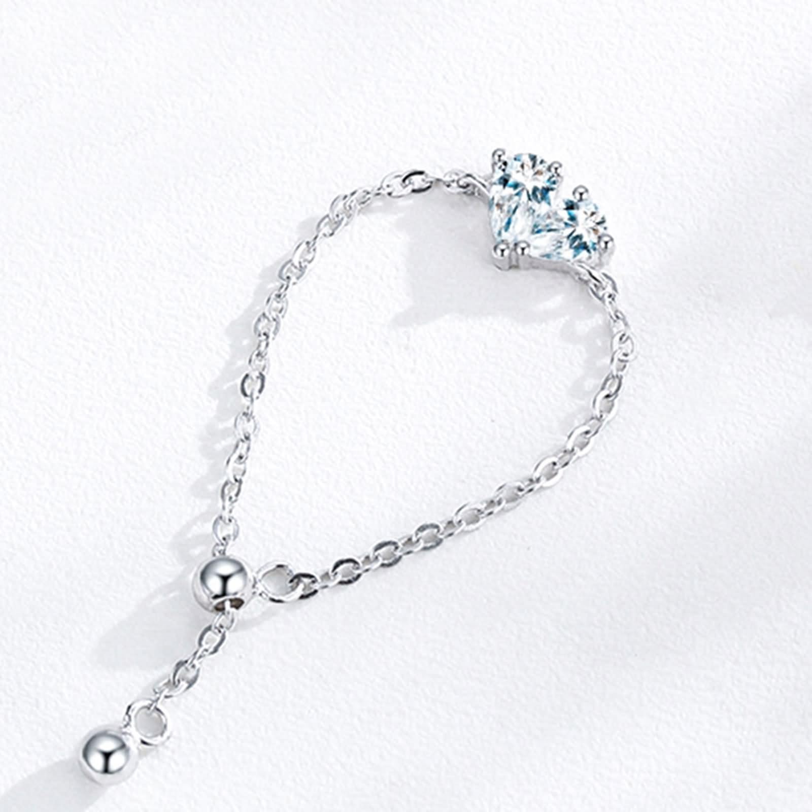 Zestaw pierścionków damskich, cienkie, regulowany łańcuszek w kształcie serca, moissanit 0,25 ct, krople wody, 14 K, białe złoto, rozmiar 50 (15,9)