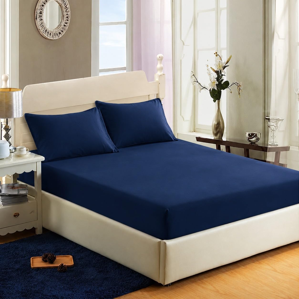 200 Thread Count 100% Egyptian Cotton Fitted Sheet - 16"/40cm Extra Deep Fitted Bed Sheet - Luxury Ultra Soft Bottom Sheet - Deep Pocket Stretches Up to 16" (Navy, Double)