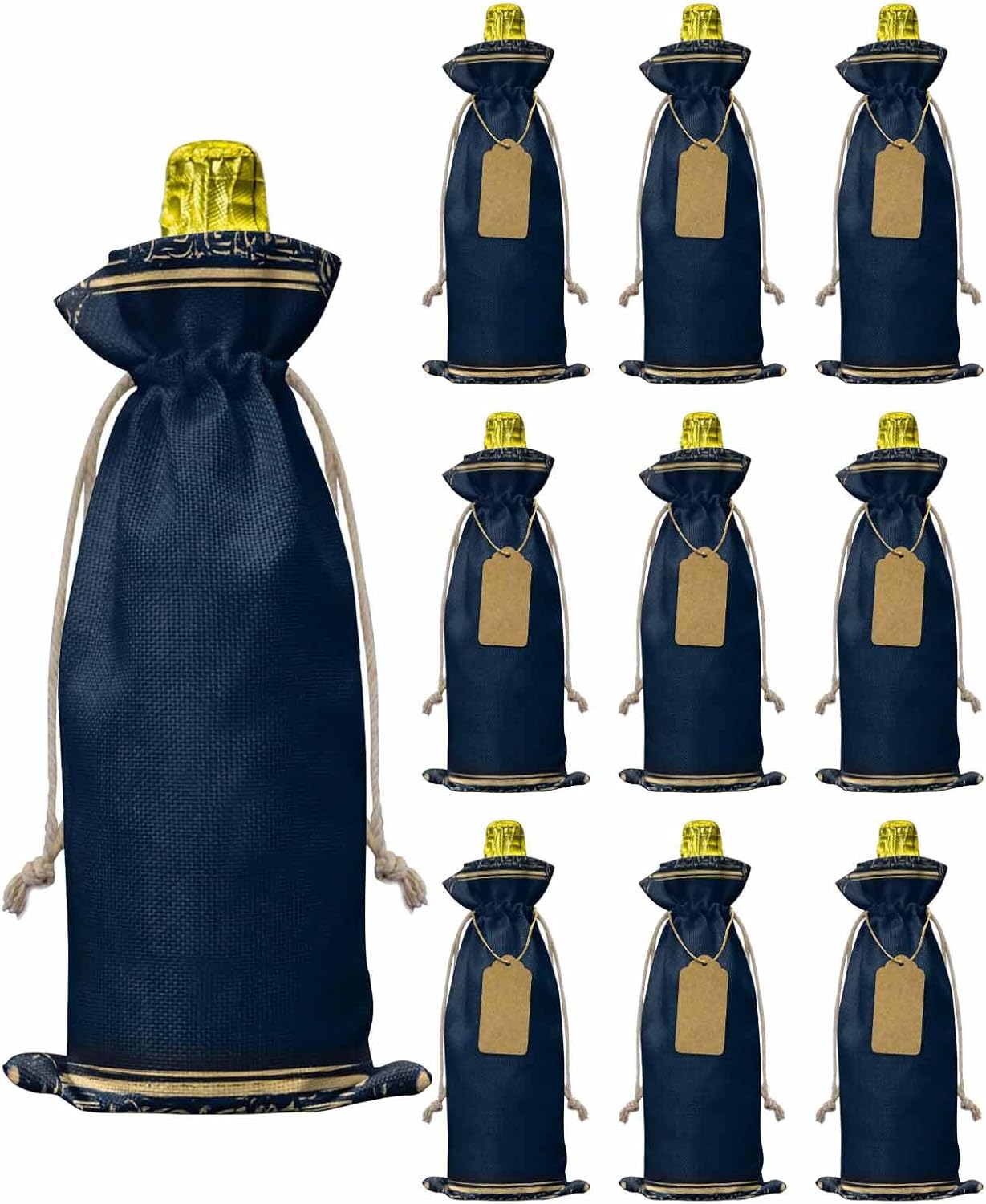 10 Pack Wine Bottle Bags, Navy Blue Geometric Wine Bottle Cover with Drawstring, Farmhouse Geo Vintage Abstract Art Gift Bag for Champagne, Wedding, Birthday, Party, Baby Shower