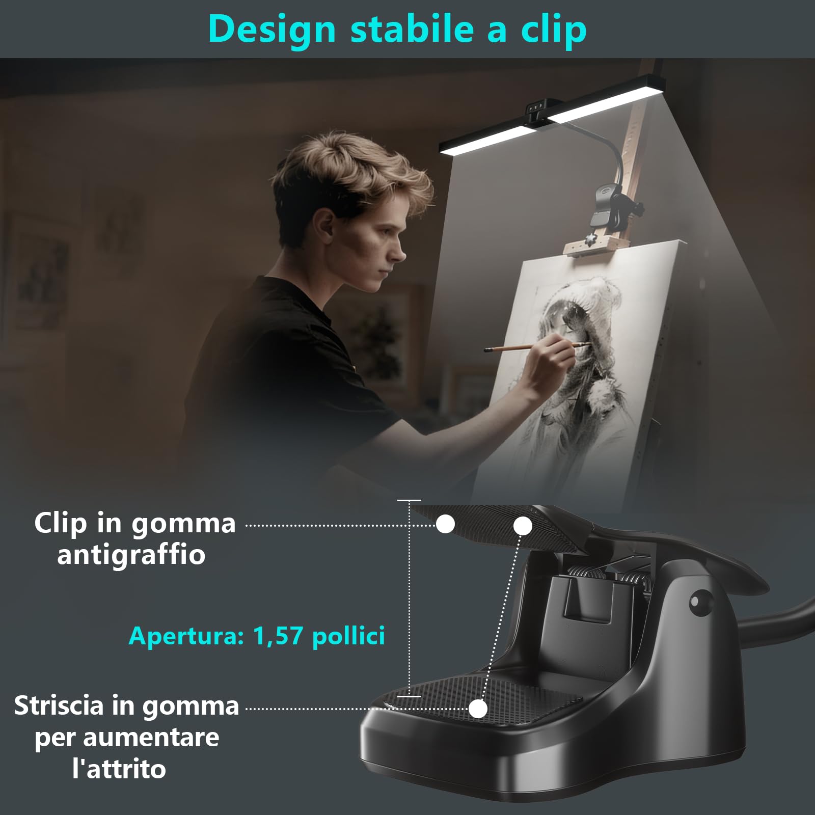 Luce da cavalletto ricaricabile a clip per artisti pittura, 64 LED 4 modalità di colore, 3 luminosità, lampada da scrivania per la cura degli occhi, lampada da cavalletto per pittura, disegno