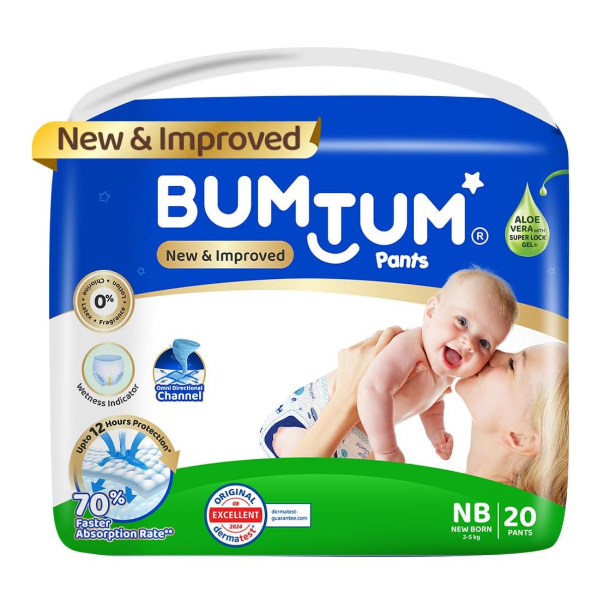 Bumtum Baby Diaper Pants, New Born 20 Count, Double Layer Leakage Protection Infused With Aloe Vera, Cottony Soft High Absorb Technology (Pack of 1)