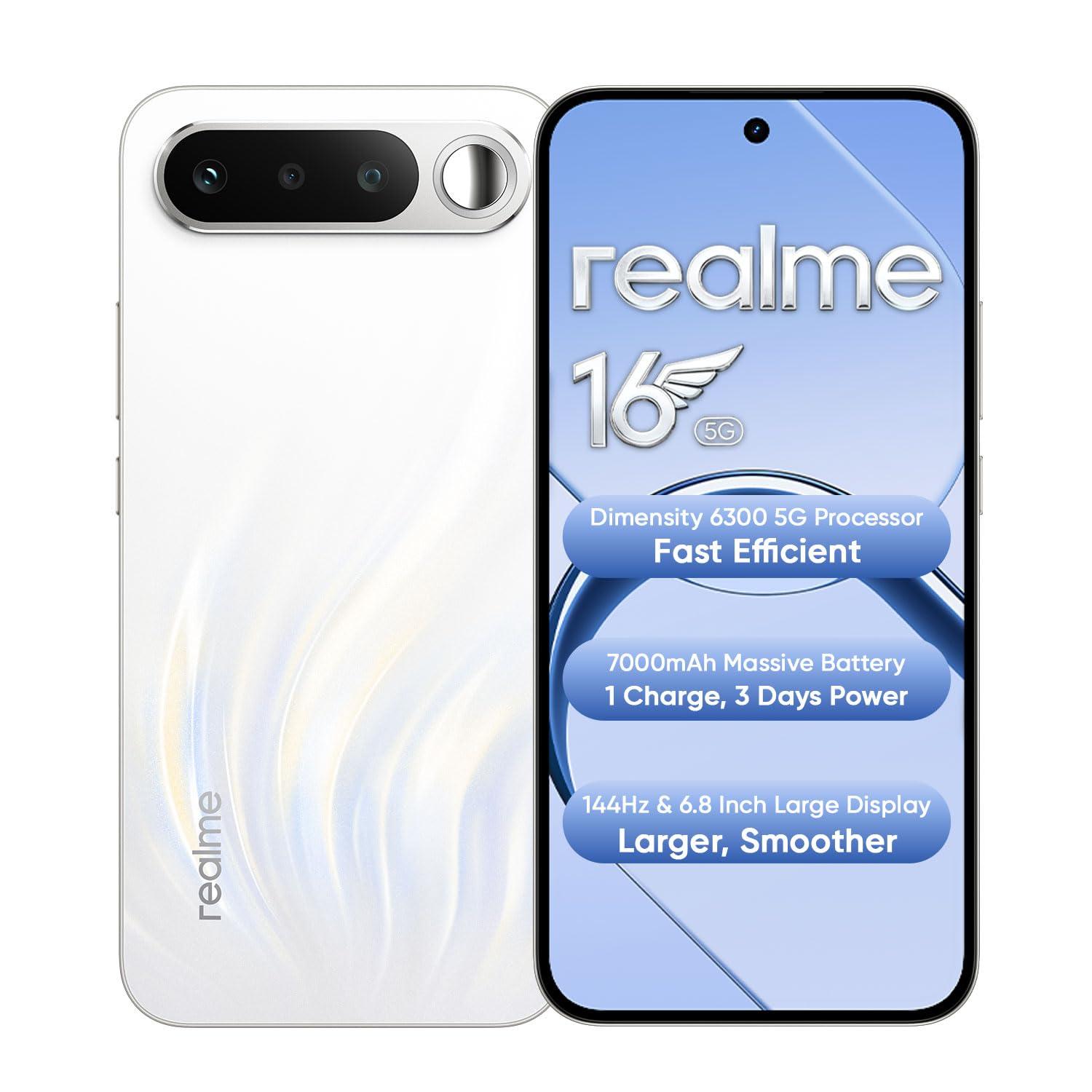realme 16 5G Smartphone 8GB+256GB White | 7000mAh Battery, 60W Fast Charging, 6.57-inch Screen, 144Hz Display, Rear50MP+Front50MP AI Camera, Dimensity 6400 Turbo, IP69