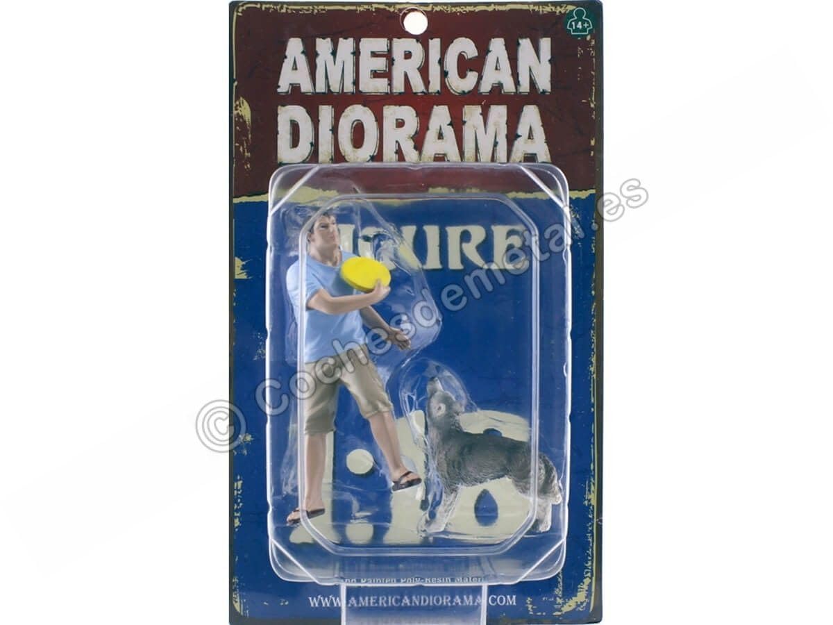 American Diorama – 23889 – Figur Mann/Hund – Maßstab 1:18 – Blau/Gelb/Grün