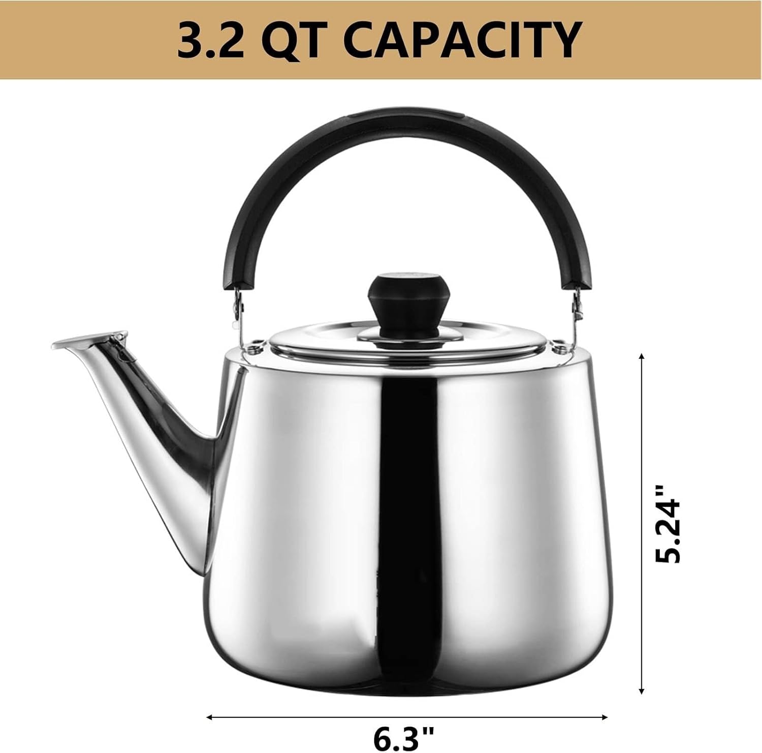 304 Stainless Steel Whistling Tea Kettle - Large Capacity for Induction, Gas, Electric & Halogen Stovetops(3.2 Quart)