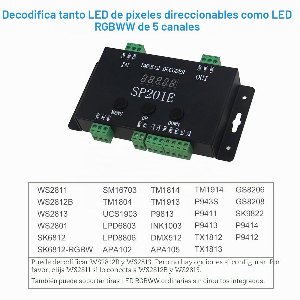 ALITOVE WS2812B WS2811 DMX a decodificador de controlador SPI, controlador de decodificador DMX 512 RGB WW para SK6812 WS2801 WS2813 LP6803 8806 1903 RGBWW tira de luz de píxeles LED DC5V ~ 24V