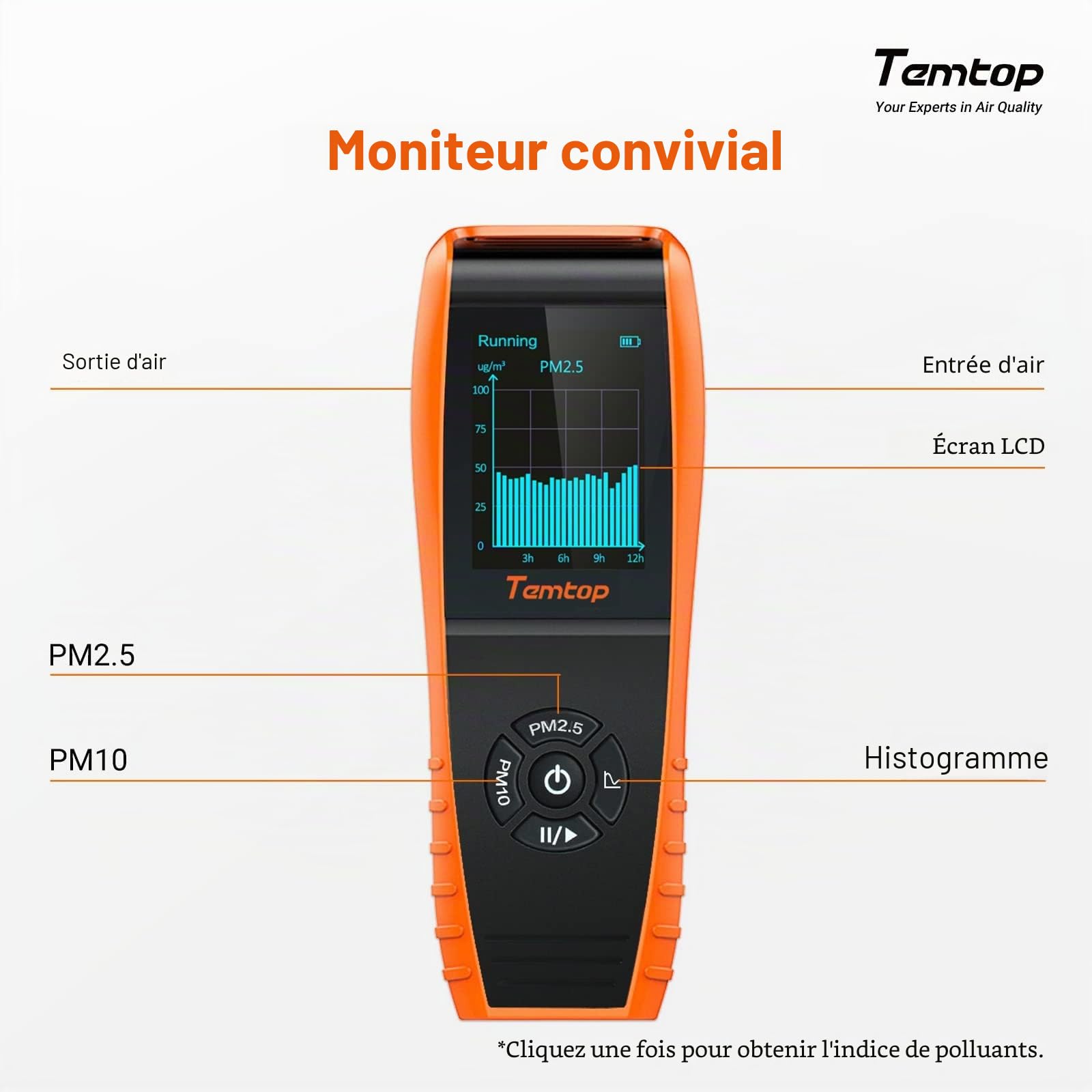 Temtop Moniteur de Qualité de l'air Appareil Mesurant PM2,5 PM10 Température et Humidité pour la Pollution Air Intérieur Extérieur, Détecteur Centré sur Les Particules P600