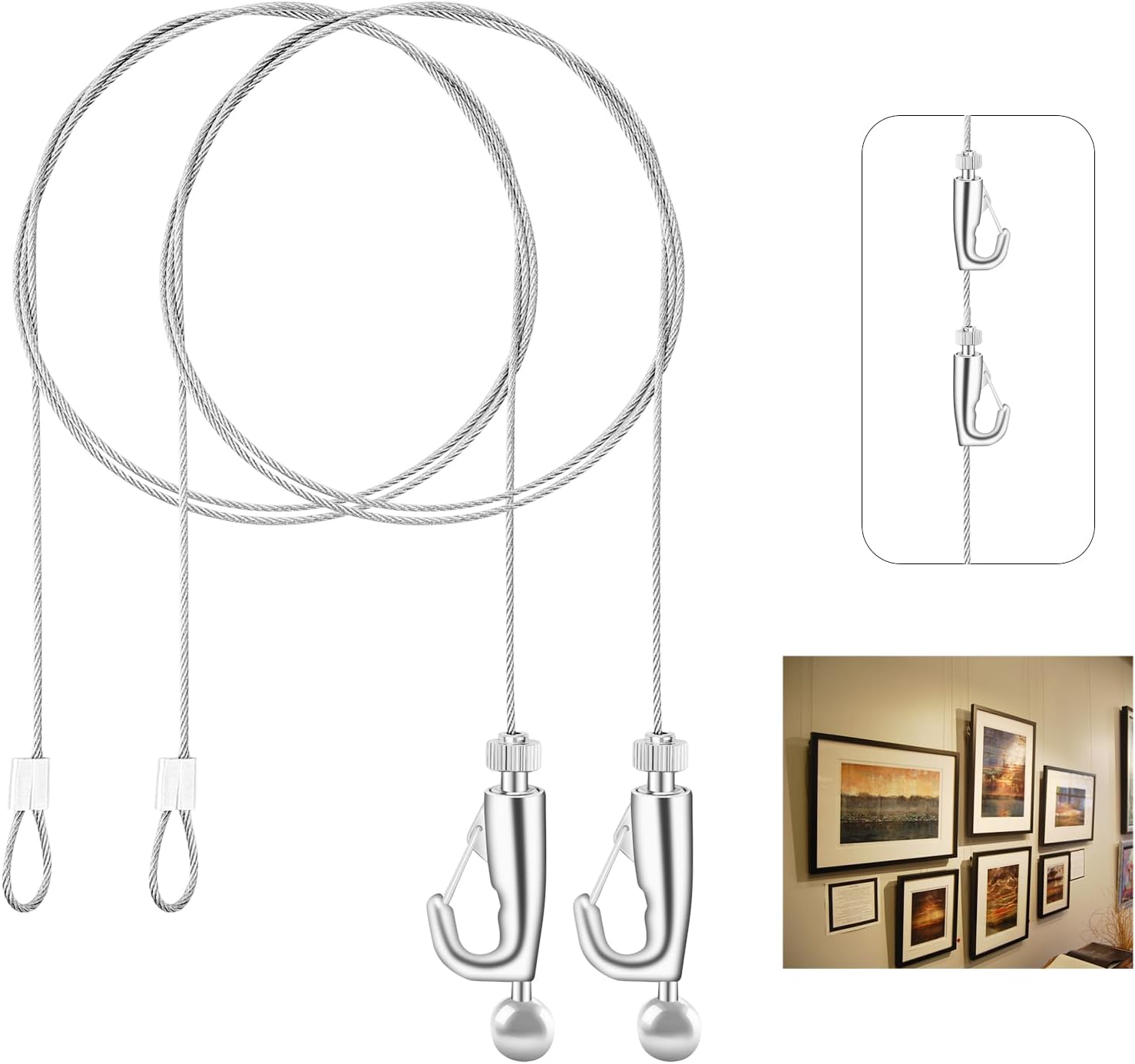 Picture Rail Hooks and Wire Hanging System,Sunxer Tool Picture Hanging Kit 2PCS Picture Rail Hanging System for Picture Frame Mirror Art Gallery Display(1/25"-5ft)
