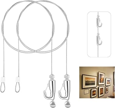 Picture Rail Hooks and Wire Hanging System,Sunxer Tool Picture Hanging Kit ,2PCS Picture Rail Hanging System for Picture Frame Mirror Art Gallery Display1/25"-3.3ft