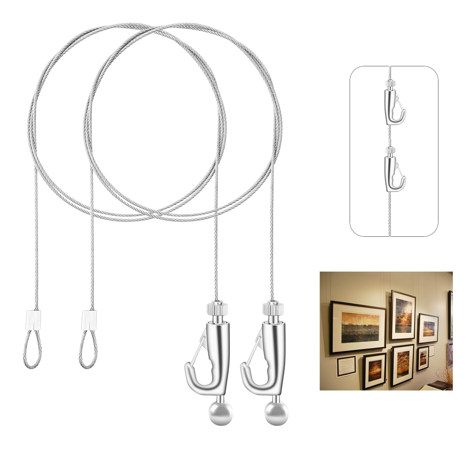 Picture Rail Hooks and Wire Hanging System,Sunxer Tool Picture Hanging Kit 2PCS Picture Rail Hanging System for Picture Frame Mirror Art Gallery Display(1/16"-5ft)