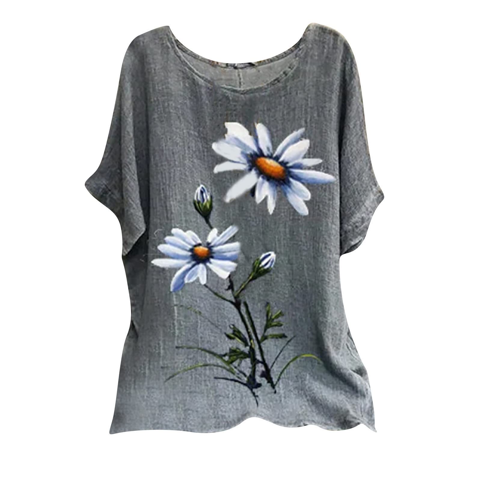 NUSGEAR 2024 Camiseta de Manga Corta Mujer Moda Algodón y Lino Camisa Flores impresión Cómodo Verano Suelto Cuello Redondo Tops Casual T-Shirt Original Basic tee Transpirable Blusa Ligero