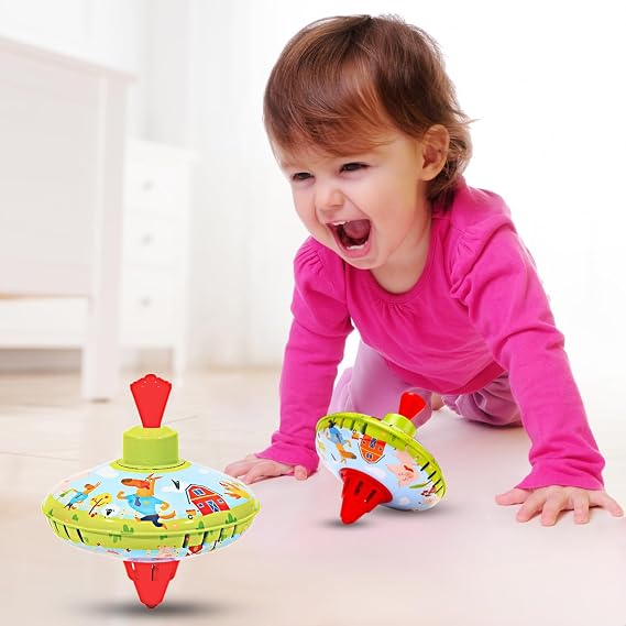 Fun Farm Spinning Top Tin Toy for Kids Retro Classic Toys - Toddler Traditional Spin Tops - Metal Fidget Spinner for Kindergarten Sensory Gyroscope - Novelty Present Party Favors