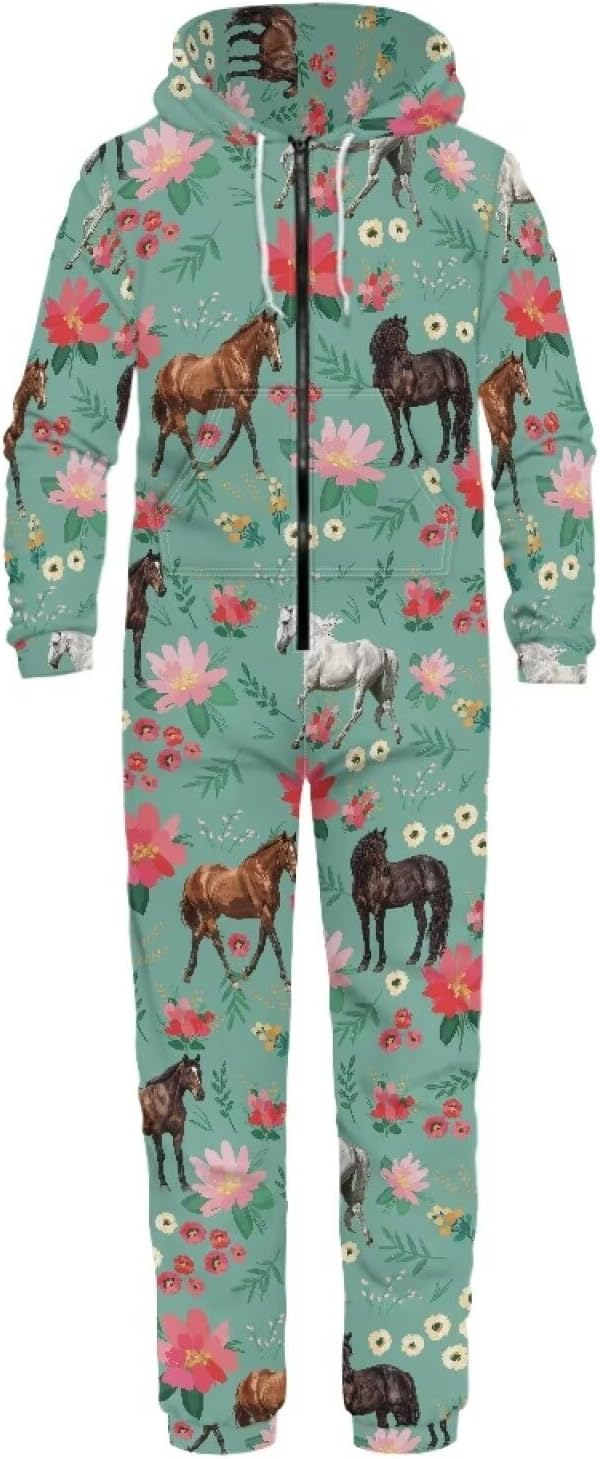 Adults One-Piece Sleepwear Half Zipper Onesie Pjs Novelty Long Sleeves Drawstring Homewear with Pockects