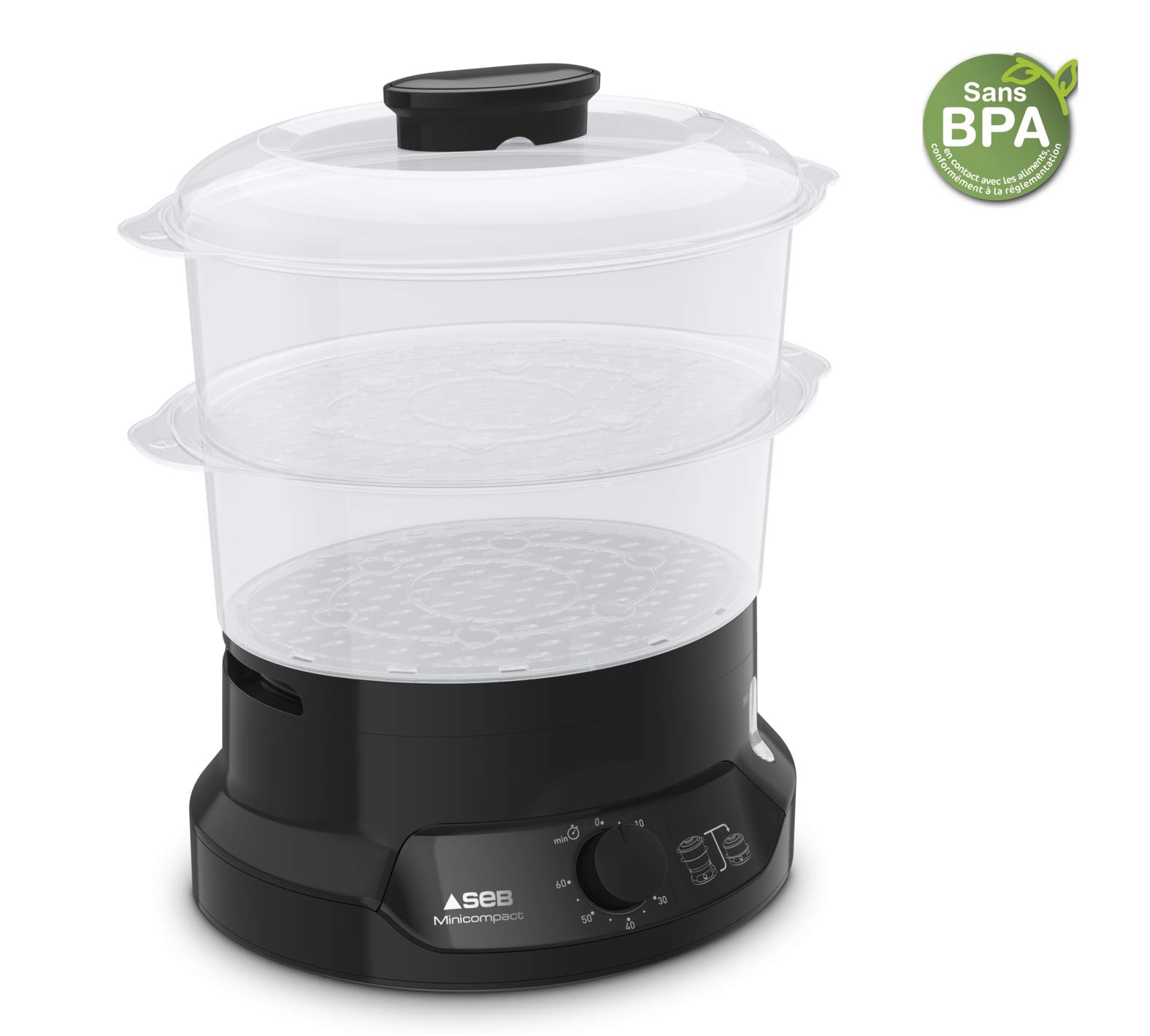 Seb Minicompact Cuiseur vapeur, Cuisson saine, 6 L, 800 W, 2 bols empilables, Bac à riz et céréales, Minuteur 60 min, Arrêt automatique, Niveau d'eau visible, Facile à ranger VC139800