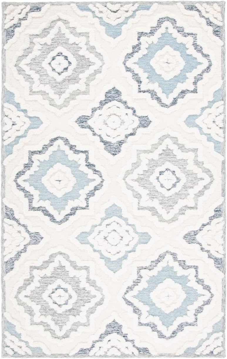 Ivory and Light Blue Hand-Tufted Wool 8' x 10' Area Rug