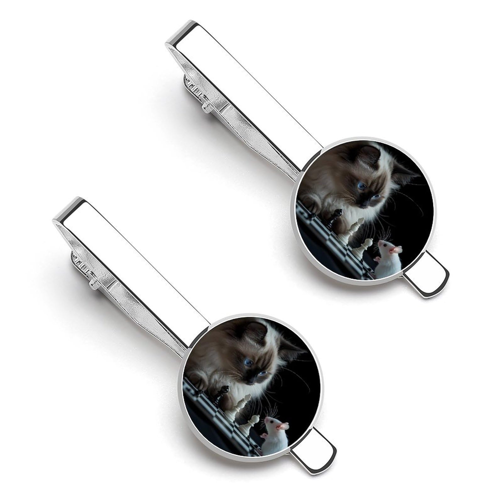 Lindos clips de corbata de gato y rata jugando al ajedrez para hombre, para corbata, para regalos de boda, negocios, 5,5 x 2,2 cm