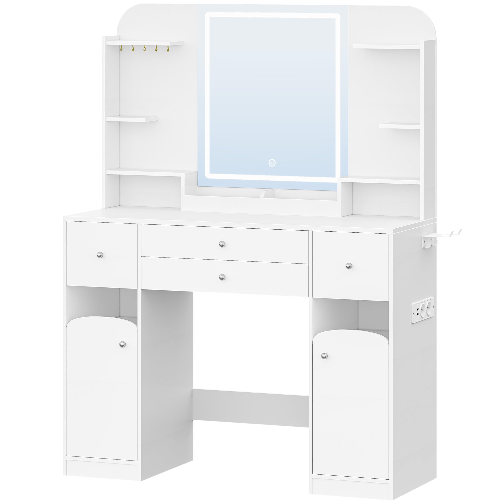 Hzuaneri Toeletta Trucco con Luce LED, con Presa e Porta Asciugacapelli, Ampio Piano D'appoggio 108cm, Toeletta con 2 Cassetti Grandi con Contenitore per Gioielli, 2 Armadietti, 40x108x145 cm Bianco
