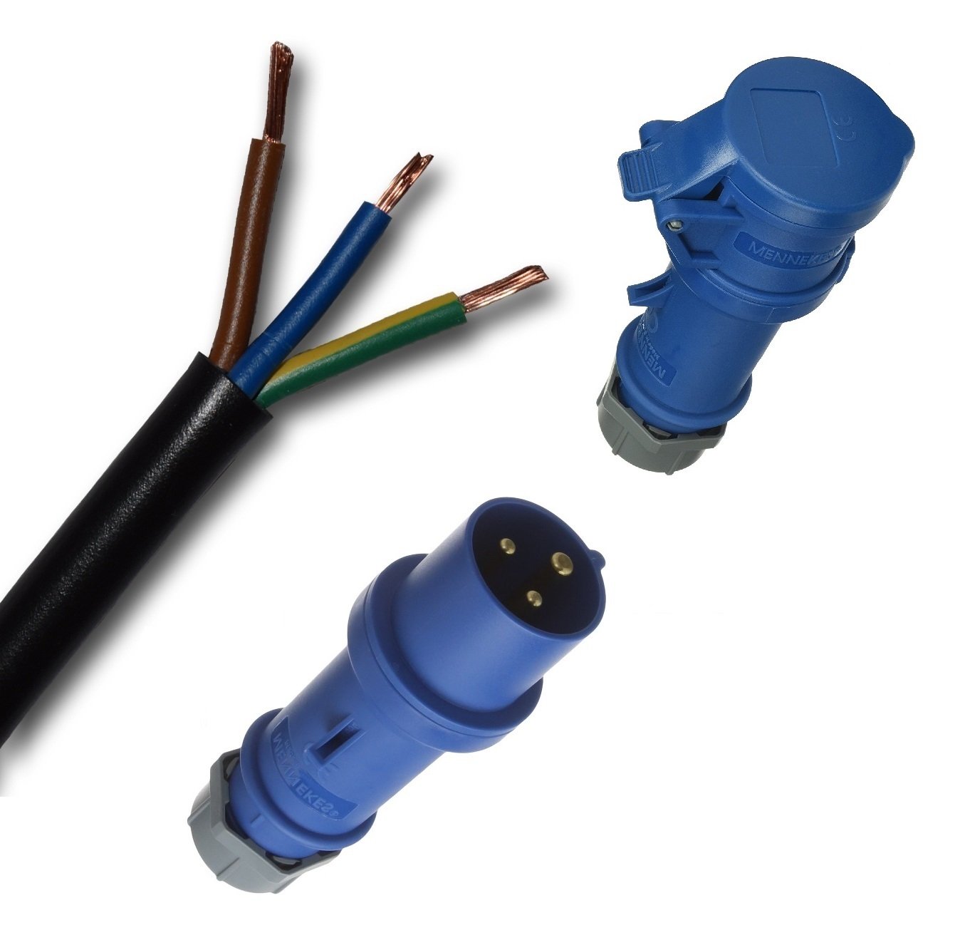Cable alargador individual de goma, cable de acampada H07RN-F 3G2,5 mm² (negro) + enchufe CEE + conector hembra (azul) de 3 polos 230 V / 16 A / IP44 hasta 150 m -