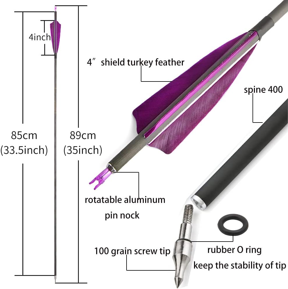 SHARROW 33 inch Carbon Arrows 400 Spine Hunting Arrows with Feather Fletching Targeting Arrows for Archery Compound & Recurve & Traditional Bow Hunting Practice Shooting 6/12pcs