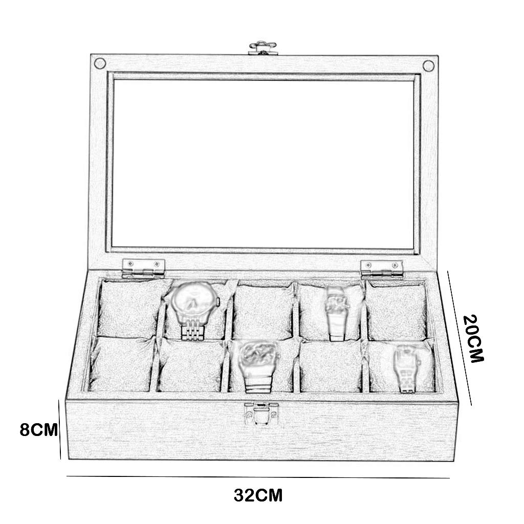 MUSUMI Caja de reloj de Madera Vitrina de almacenamiento de joyas Bandeja de pulsera con 10 almohadas de almacenamiento extraíbles, organizador de gemelos con cierre de Metal y vidrio Superior