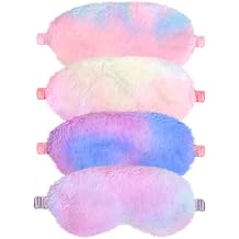 IUAQDP 4 Pieces Plush Sleeping Eye Cover Soft Eye Mask, Fluffy Furry Eye Blindfold, Faux Fur Eye Shade with Elastic Strap & Silky Back for Travel Sleepover Nap Party Supply Girls Women, Rainbow Color