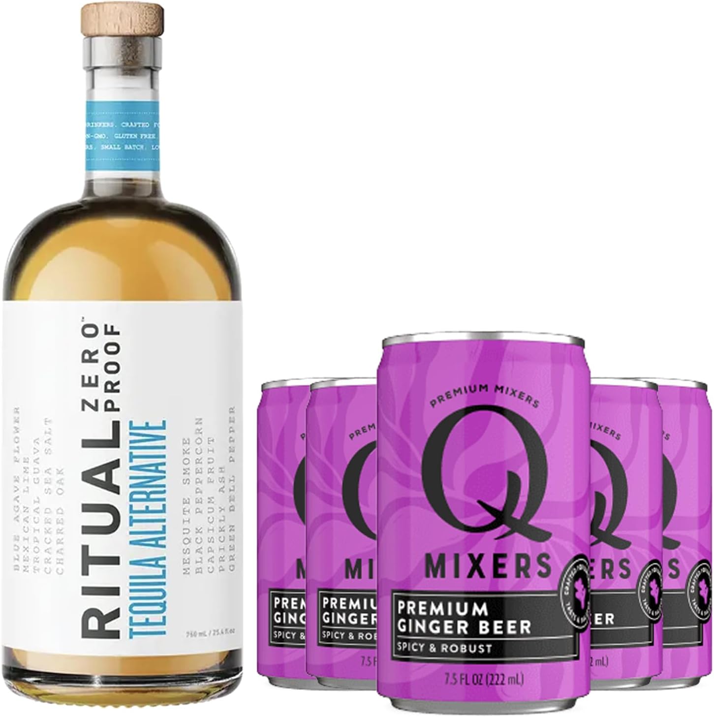 Ritual Zero Non-Alcoholic Tequila Alternative with 5 Pack of Q Mixers Ginger Beer for your favorite Alcohol-Free Mixed Drink
