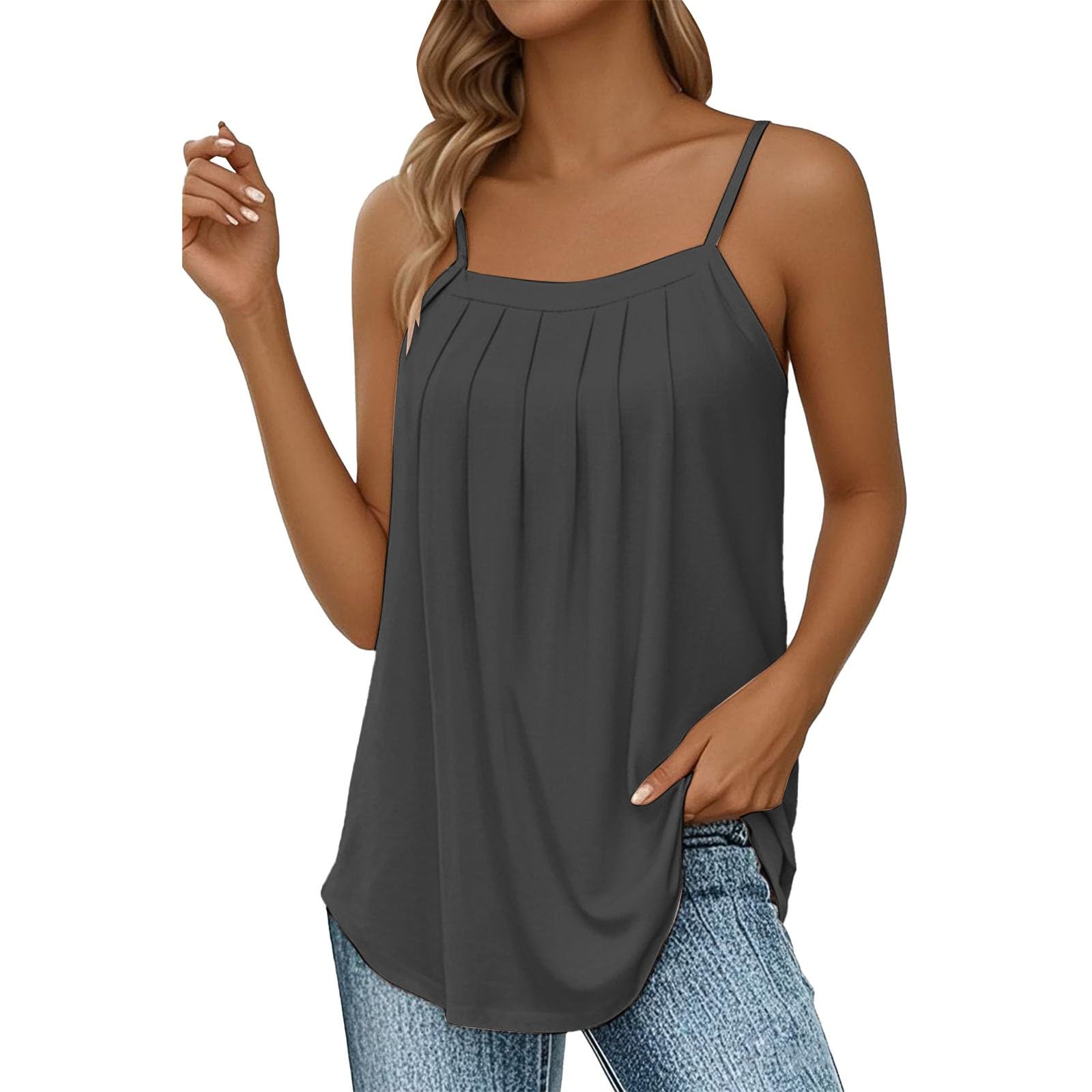 fnkdor Summer Tops for Women Camisole with Adjustable Spaghetti Strap Lounge Pleated Sleeveless Solid Long Vest Tops to Hide Tummy Tops for Women Size 14 16 18 20 20 20-picture-10