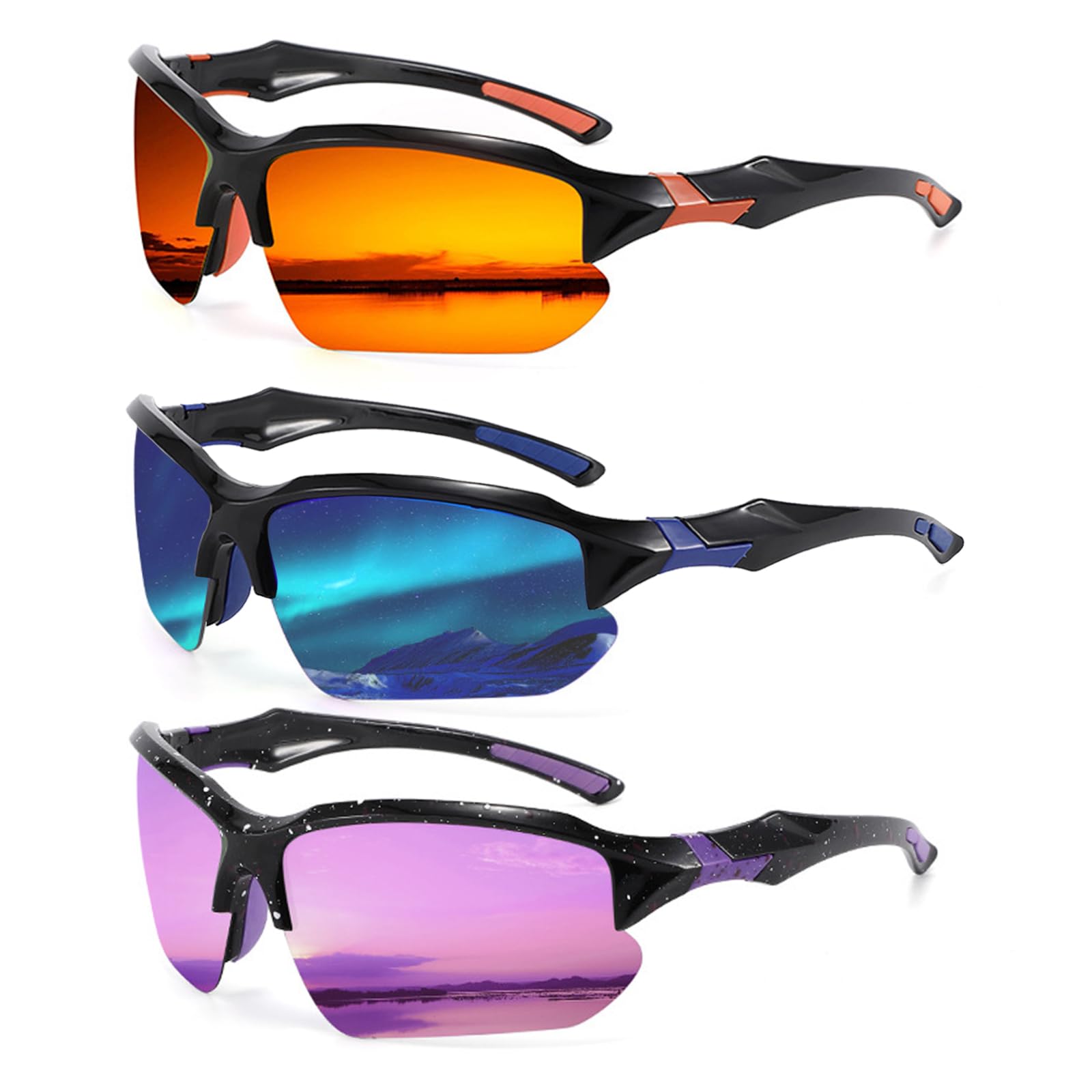 UJBVCX 3Pcs Cycling Glasses, Sports Sunglasses, Polarised Cycling Sunglasses for Men Women, Polarised Sun Glasses UV400 Protection for Ski Driving Fishing Goggles Outdoor