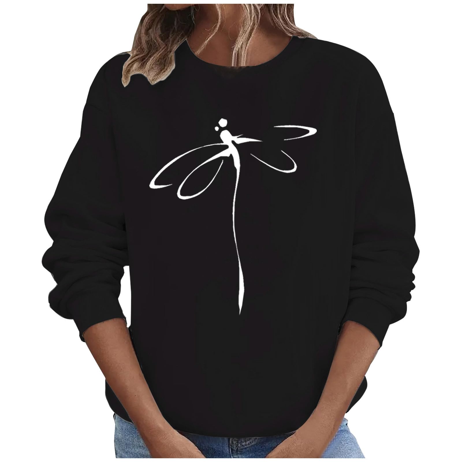 GenericLong Sleeve Shirts For Women Fashion Dragonfly Graphic Crewneck Sweatshirt Thin Pullover Cute Casual Fall Tops