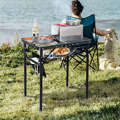 RedSwing Folding Grill Table, Lightweight Height Adjustable Aluminum Table with Mesh Desktop and Mesh Bag for Outdoor Camping Picnic BBQ, 2 Feet, Black - Thumbnail 2