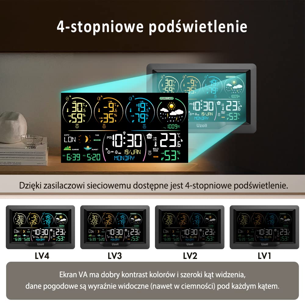 Uzoli Radiowa stacja pogodowa z 3 czujnikami zewnętrznymi, zegar radiowy, kolorowy wyświetlacz, prognoza pogody, termometr, ciśnienie powietrza, wschód i zachód słońca, pływy i fazy księżyca