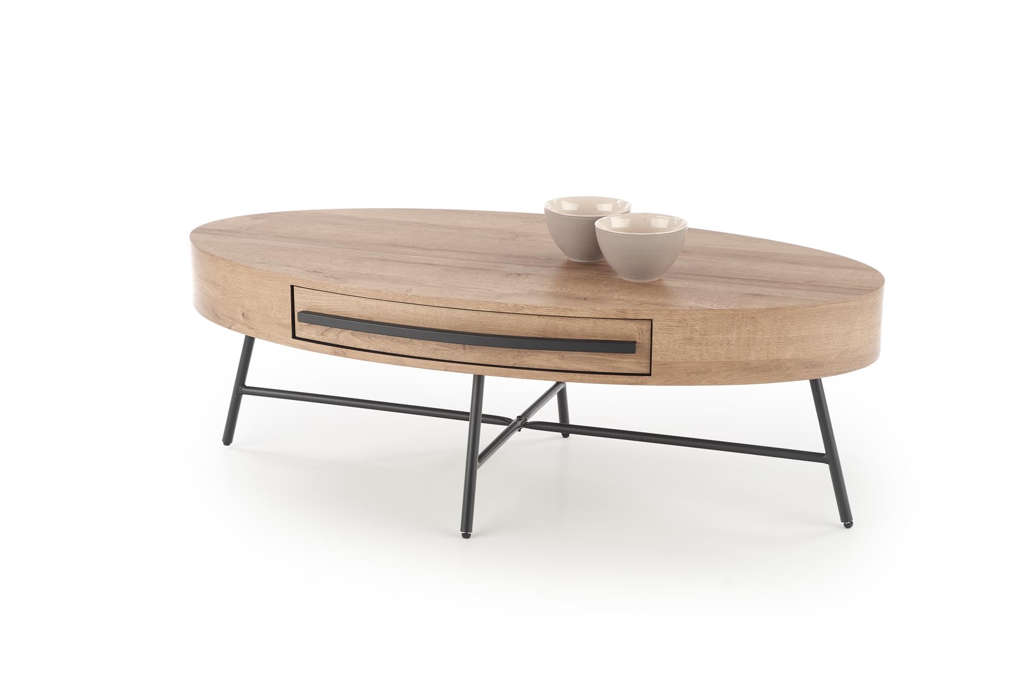 designimpex Design Couchtisch oval HA-100 Eiche Gold - Schwarz matt Schublade Tisch, Farbe:Eiche Gold