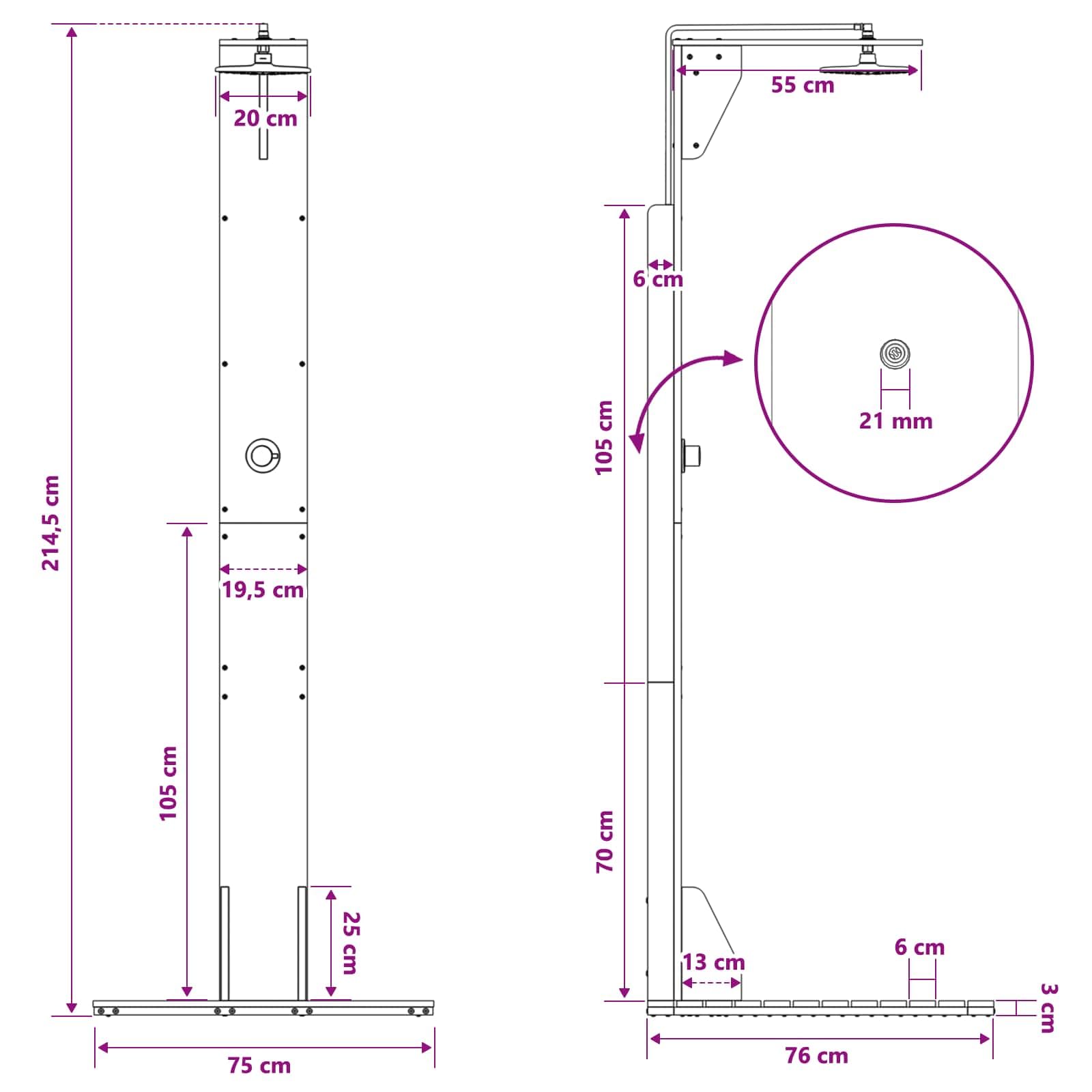 Doccia da esterno in legno massello di pino e acciaio inox, bianco, 214,5 cm, resistente alle intemperie, regolabile in altezza, soffione girevole adatto per giardino, piscina, spa, jacuzzi