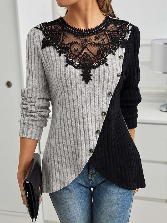 Women's Floral Lace Hollow Out Long Sleeve Blouse Shirt Sexy V Neck Dressy Tops for Women - Image 2