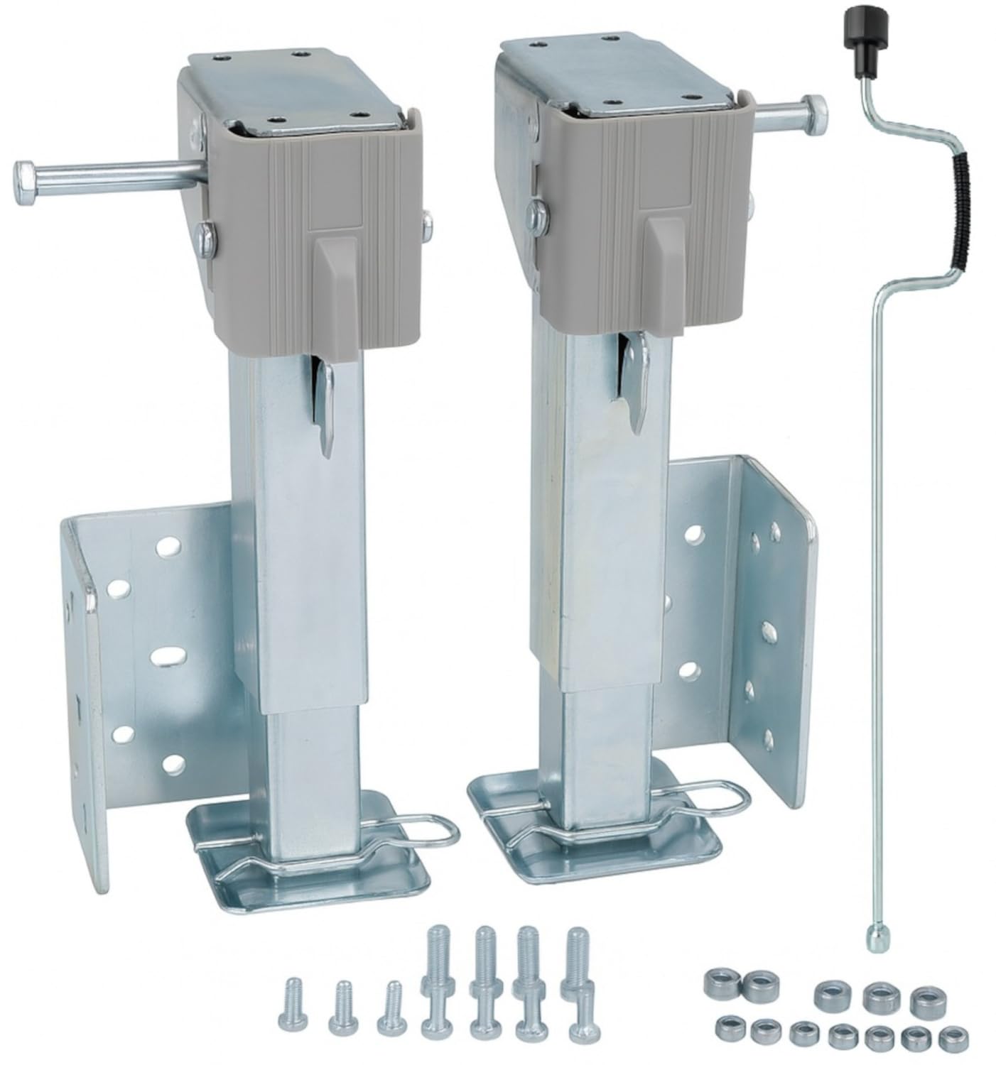 Preiswert & Gut 2 STK Stützen höhenverstellbar klappbar, Stahl verzinkt 290-460 mm | Kurbelstütze Set mit Befestigungsmaterial für Wohnmobil und Wohnwagen, bis 500 kg, Preiswert&Gut