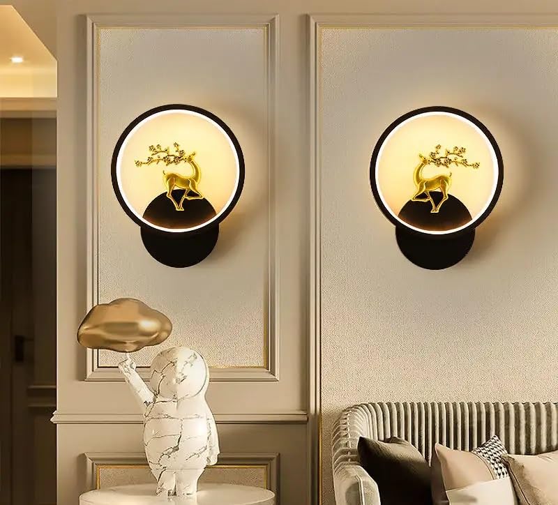 Image of Modern Round LED Wall Light with Golden Deer & Branch Design, Multi-Colour LED, Elegant Decorative Lamp for Living Room & Bedroom, Pack of 2