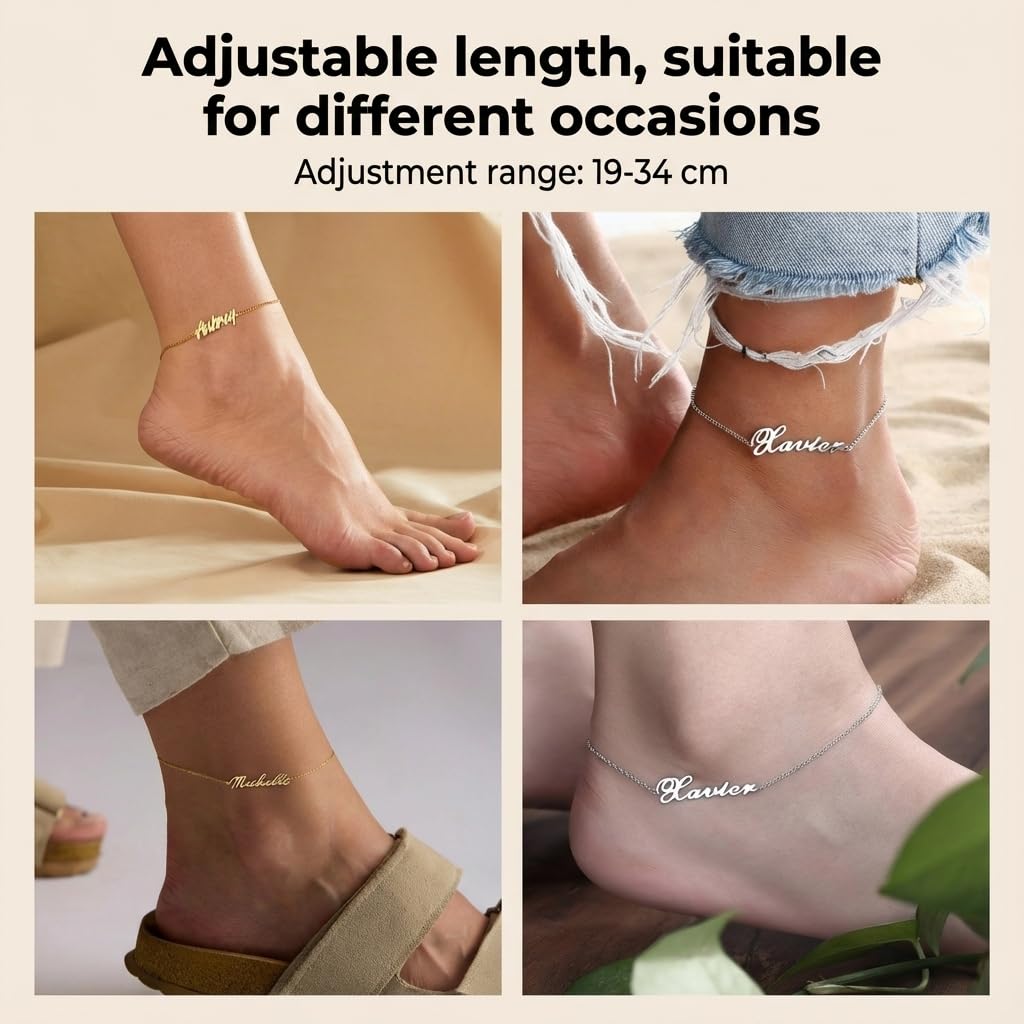 Cavigliera da donna personalizzabile con nome, lunghezza regolabile | resistente all'acqua con catena di estensione di 5 cm