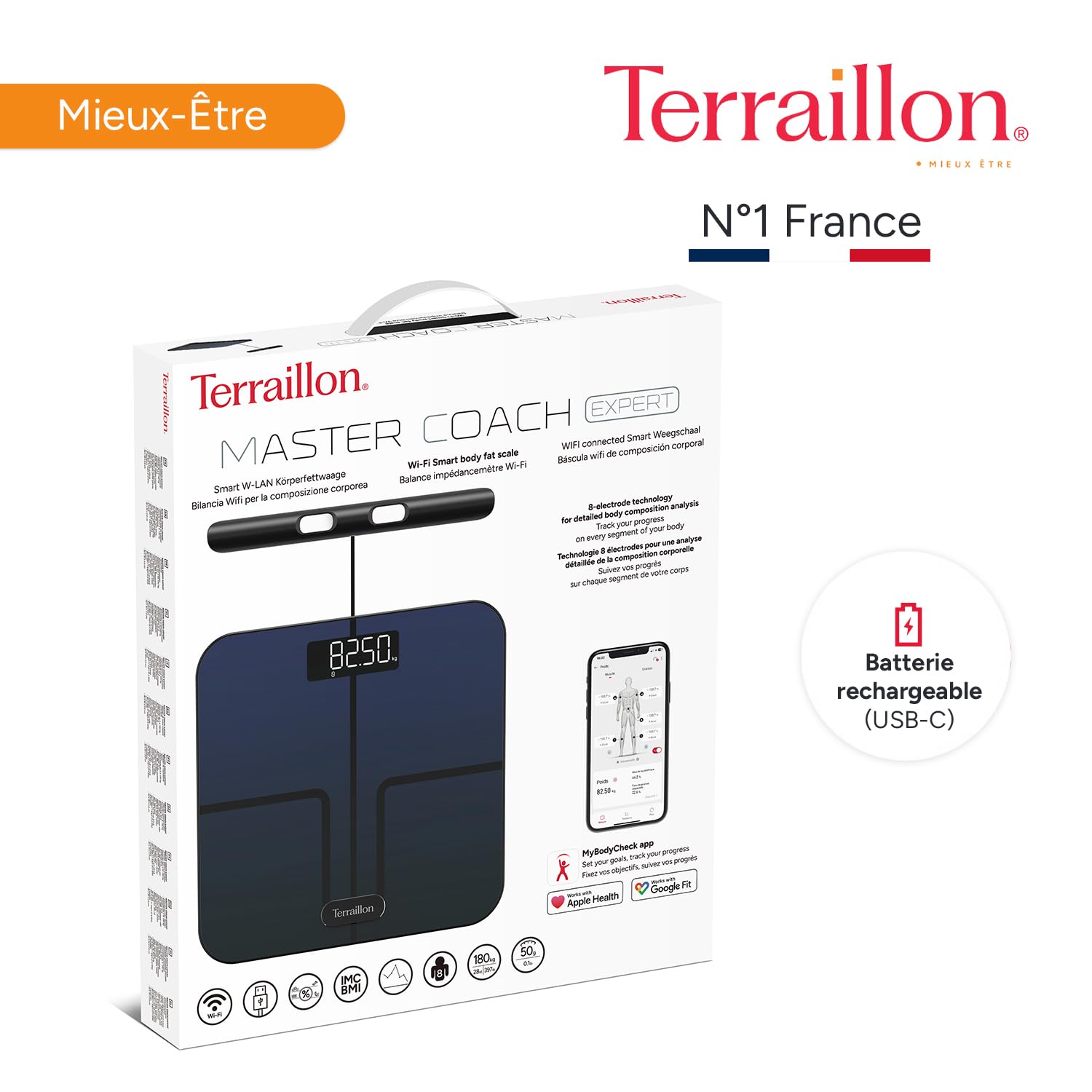 TERRAILLON - MASTER COACH EXPERT- Balance connectée Wi-Fi, 8 Electrodes invisibles, Analyse des masses graisseuse, musculaire, hydrique, osseuse et viscérale, IMC, Capacité 180 kg, Plateau verre, Bleu