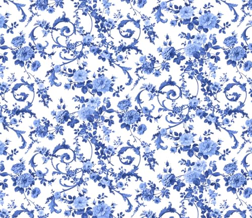 Blue and White Porcelain Rose Scroll Floral Cotton Fabric by The Yard, Precut, Lightweight, 36x44 Inches