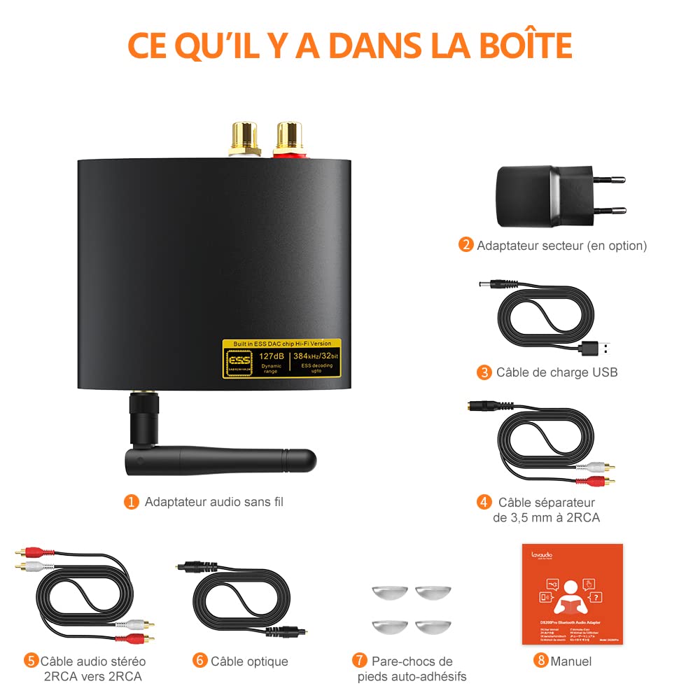 1Mii HiFi Récepteur Bluetooth 5.3 avec DAC Audiophile, LDAC Adaptateur Audio sans Fil pour Chaîne Stéréo, aptX HD/LL, Longue Portée, Diffusion de Musique vers Haut-parleurs/Récepteur AV, RCA Optique