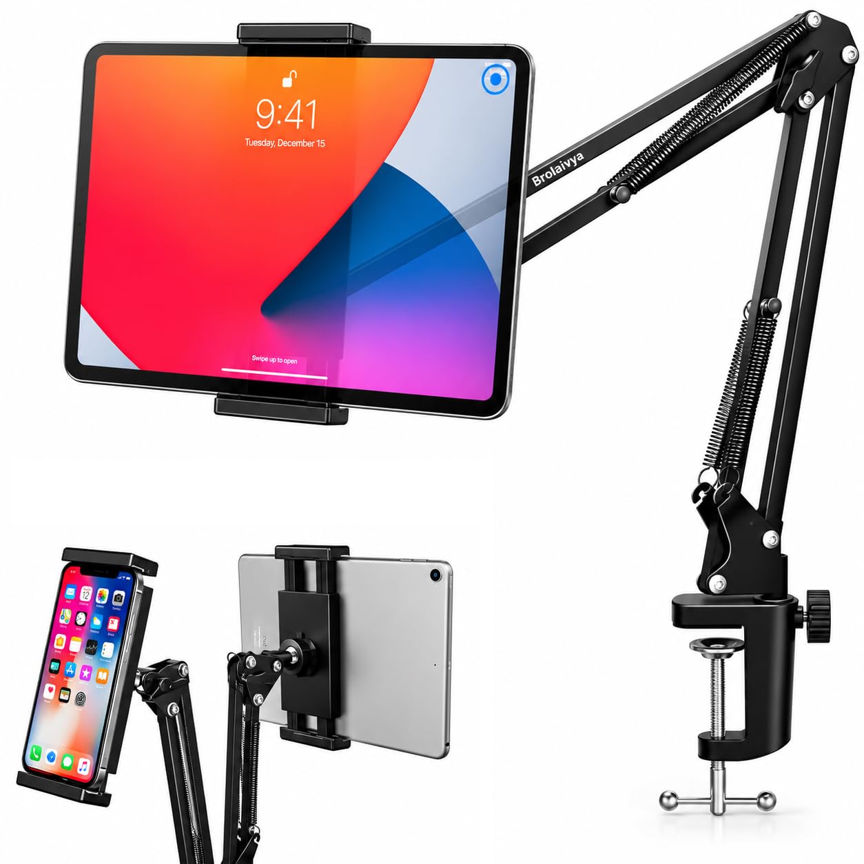BROLAVIYA Upgraded Flexible Gooseneck Clip Lazy Arm Bracket for Both Mobiles and Tablets Fits Device 4~12.9 inch, Compatible with iPad Pro Air Mini for Home, Office or Kitchen-image-16