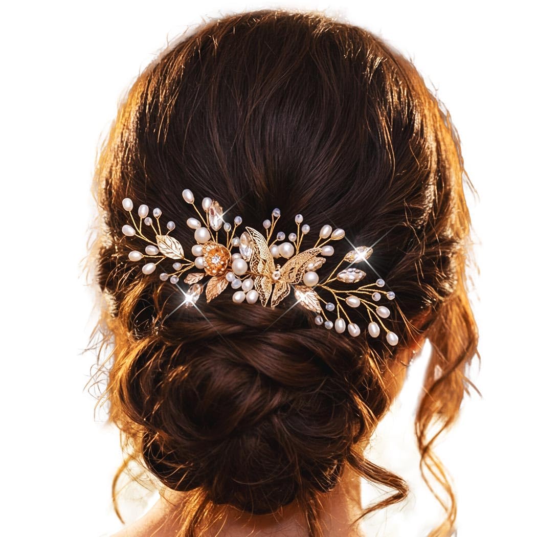JEAIRTS Butterfly Wedding Hair Comb Pearl Bridal Hair Pieces Sparkly Crystal Hair Accessories for Women (1-Silver)