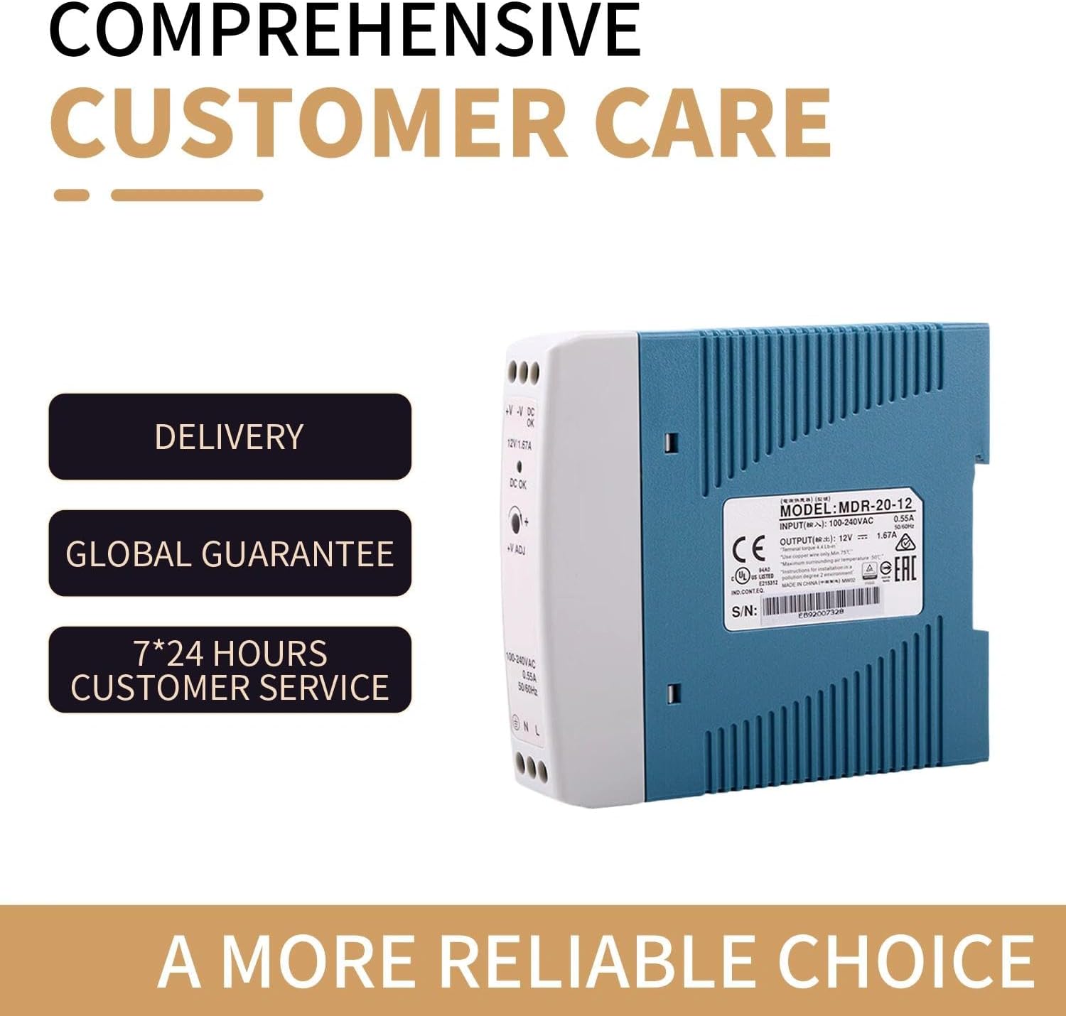 MDR-20-12 12V 1.67A 20W Industrial Single Output DIN Rail Power Supply, UL/TUV/CB/CE, Ideal for Automation and Control Systems