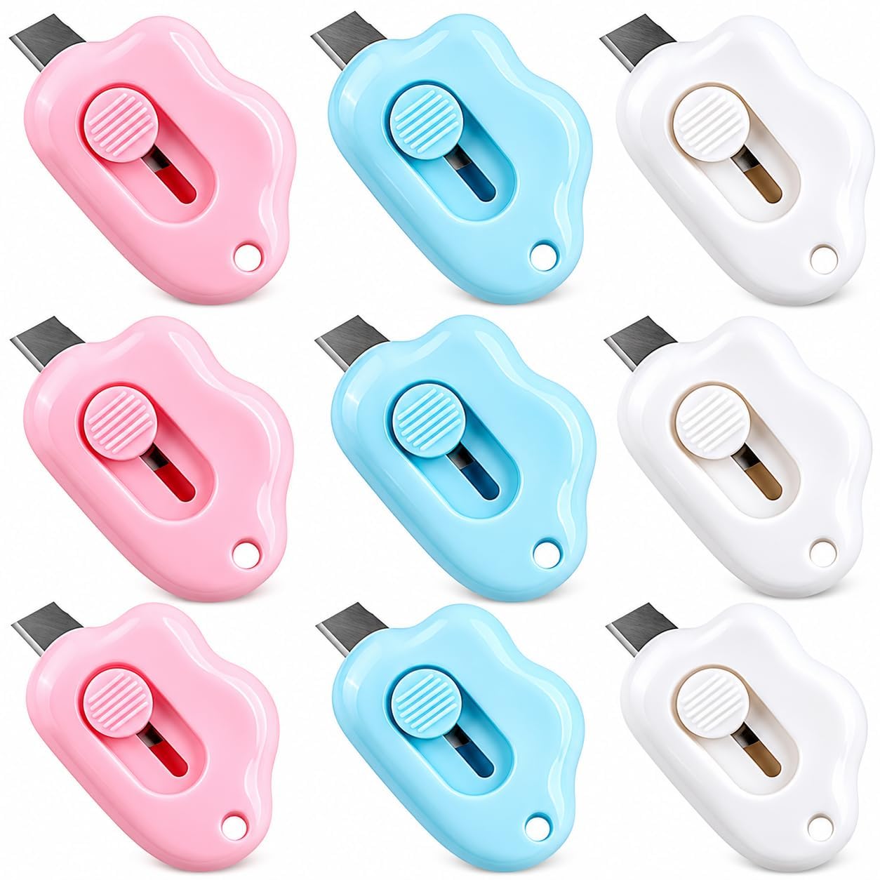 Cloud Shaped Retractable Box Cutter Set with Key Rings,Stainless Steel Blade,Safe & Portable Letter Opener for Envelopes,Package,Mail,Paper Cutter for Home,Office,Outdoor(Pink, Blue & White)-image-34