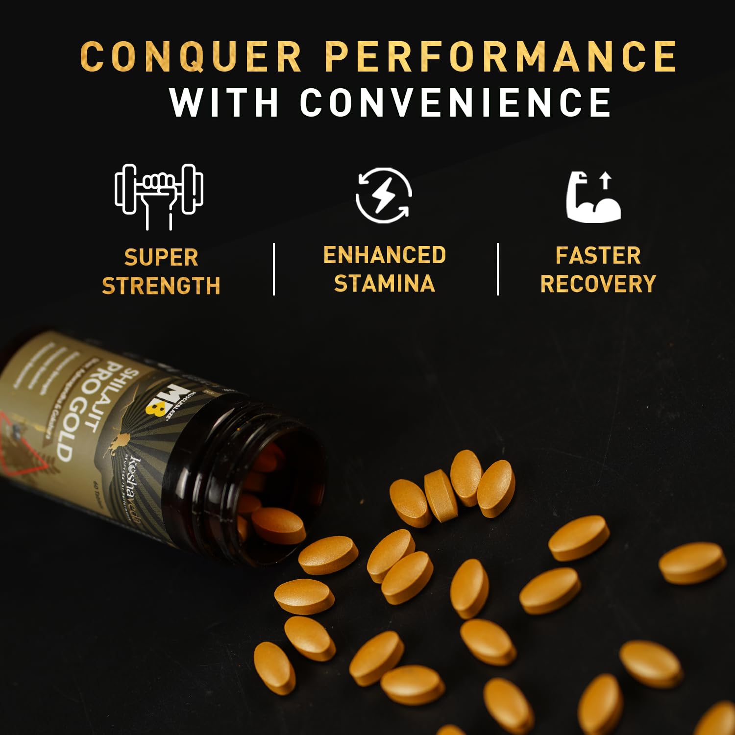 Koshaveda Shilajit Pro Gold by MuscleBlaze (60 Tablets) | Fortified with 24 Carat Gold, Shilajit, Ashwagandha & Gokshura | For Strength, Stamina & Recovery Koshaveda Shilajit Pro Gold by MuscleBlaze (60 Tablets) | Fortified with 24 Carat Gold, Shilajit, Ashwagandha & Gokshura | For Strength, Stamina & Recovery
