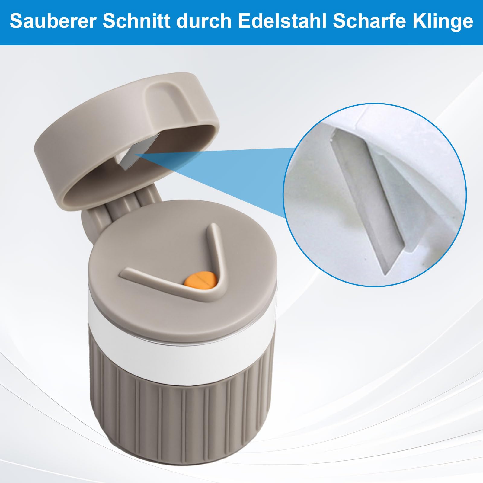 Tablettenmörser 4-in-1, Tablettenschneider mit Aufbewahrung, Tablettenzerkleinerer zum Tabletten zerkleinern, tragbarer Tablettenzerkleinerer für Zuhause & Reise (grau)