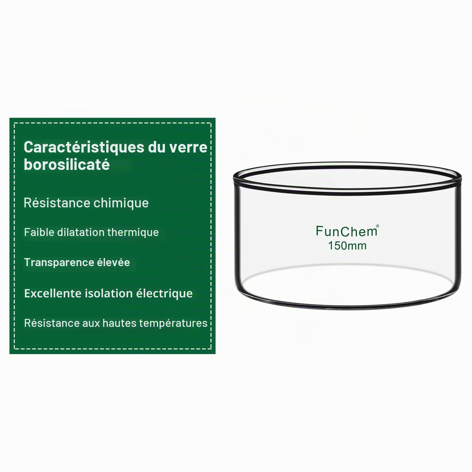 FunChem Coupelle de Cristallisation En Verre Borosilicaté Sans Bec pour Évaporation Et Cristallisation, Diamètre Extérieur 150 Mm, Cristallisoir de Laboratoire 1000 ml avec Fond Plat