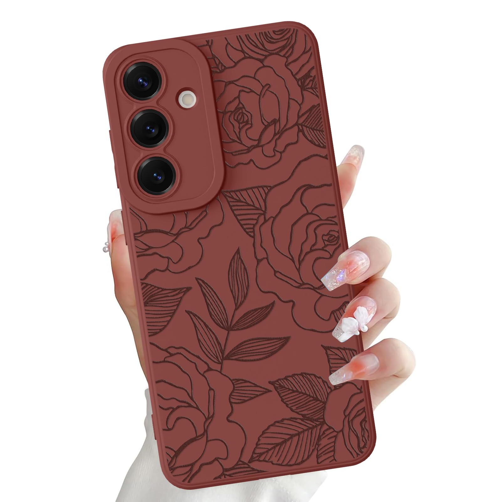 OOK Compatible with Samsung Galaxy S25 Plus Case, Silicone Wine Red Flowers Floral Rose Cute Pattern, TPU Camera Protection Soft Slim Shockproof Phone